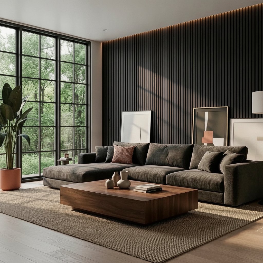 Mid-Century Wood Slat Panels — 106 × 43 in — Black