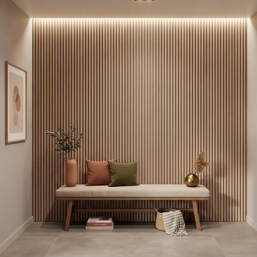 Mid-Century Wood Slat Panels — 106 × 43 in — Light Oak