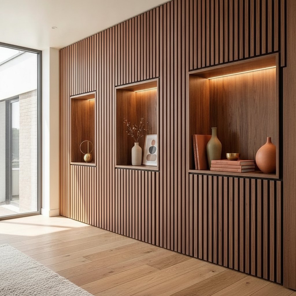 Mid-Century Wood Slat Panels — 106 × 43 in — Smoked Oak